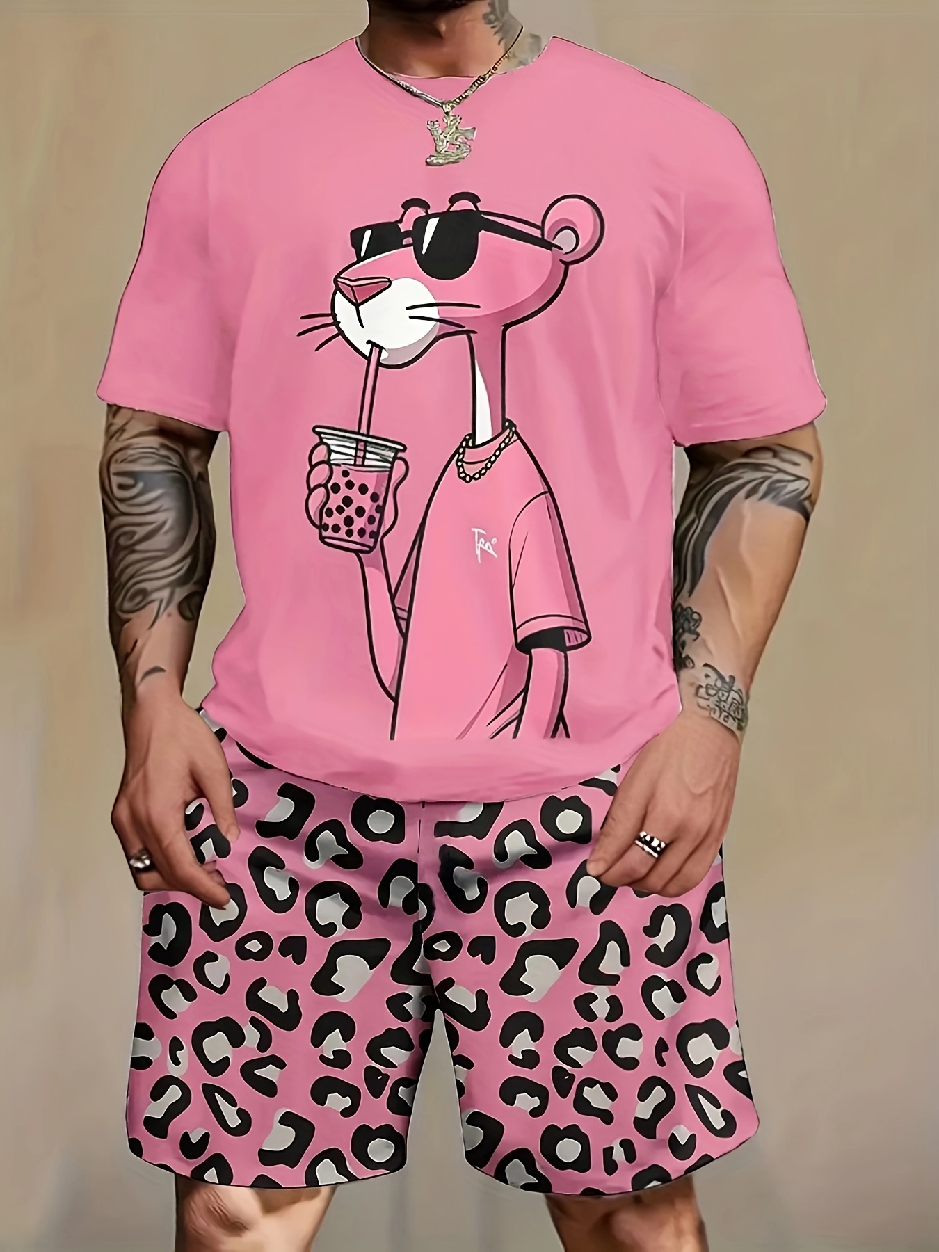 ensemble de pyjama à imprimé léopard pour hommes - t-shirt et short à imprimé animalier rose et noir,   de polyester confortable, tenue décontractée   avec accessoires élégants, chemise léopard 0