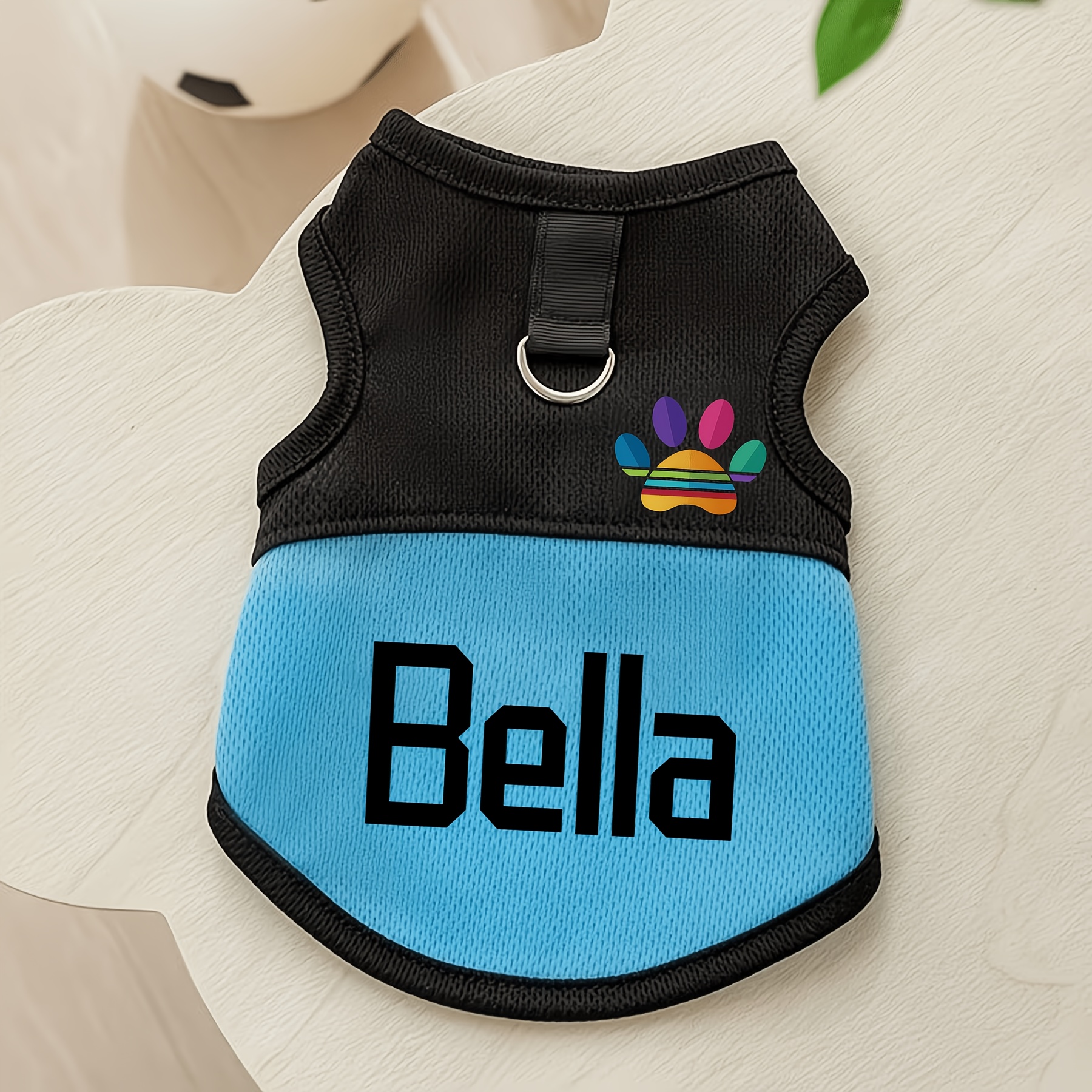 TEMU [customized Colored Logo] Pet Customizable Breathable Mesh Vest, Suitable For Cats And Dogs, With Paw Print Design And D-ring, For Leash Use.