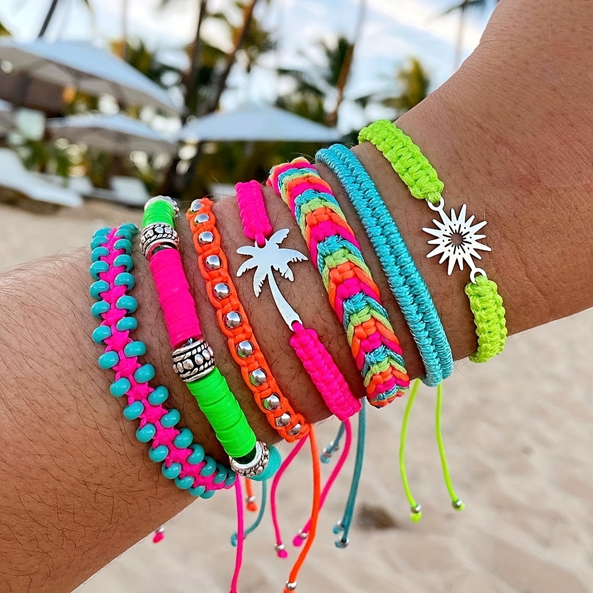 

7pcs, Simply & Cute Style, Colorful Woven Bracelet Set With Silvery Sun And Coconut Tree Shape Pendant, Fashion Creative Accessory For Daily Wear & Vacation, Perfect Gift For Ladies