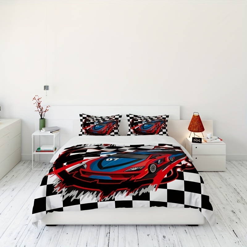 racing car duvet cover black white checkered cartoon car Temu Norway