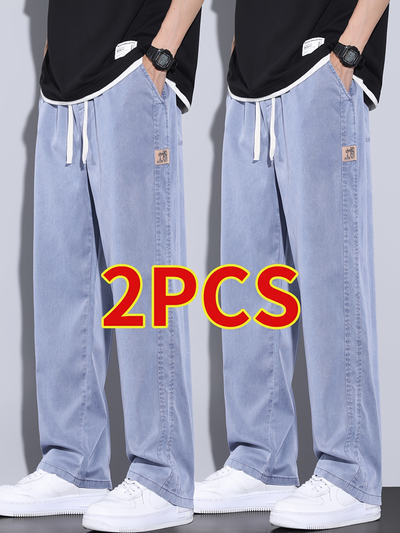 2pcs mens light blue casual straight leg pants summer 2025 collection breathable comfortable loose fit straight leg design   casual attire comfortable clothing trendy straight leg pants smooth texture pants 0