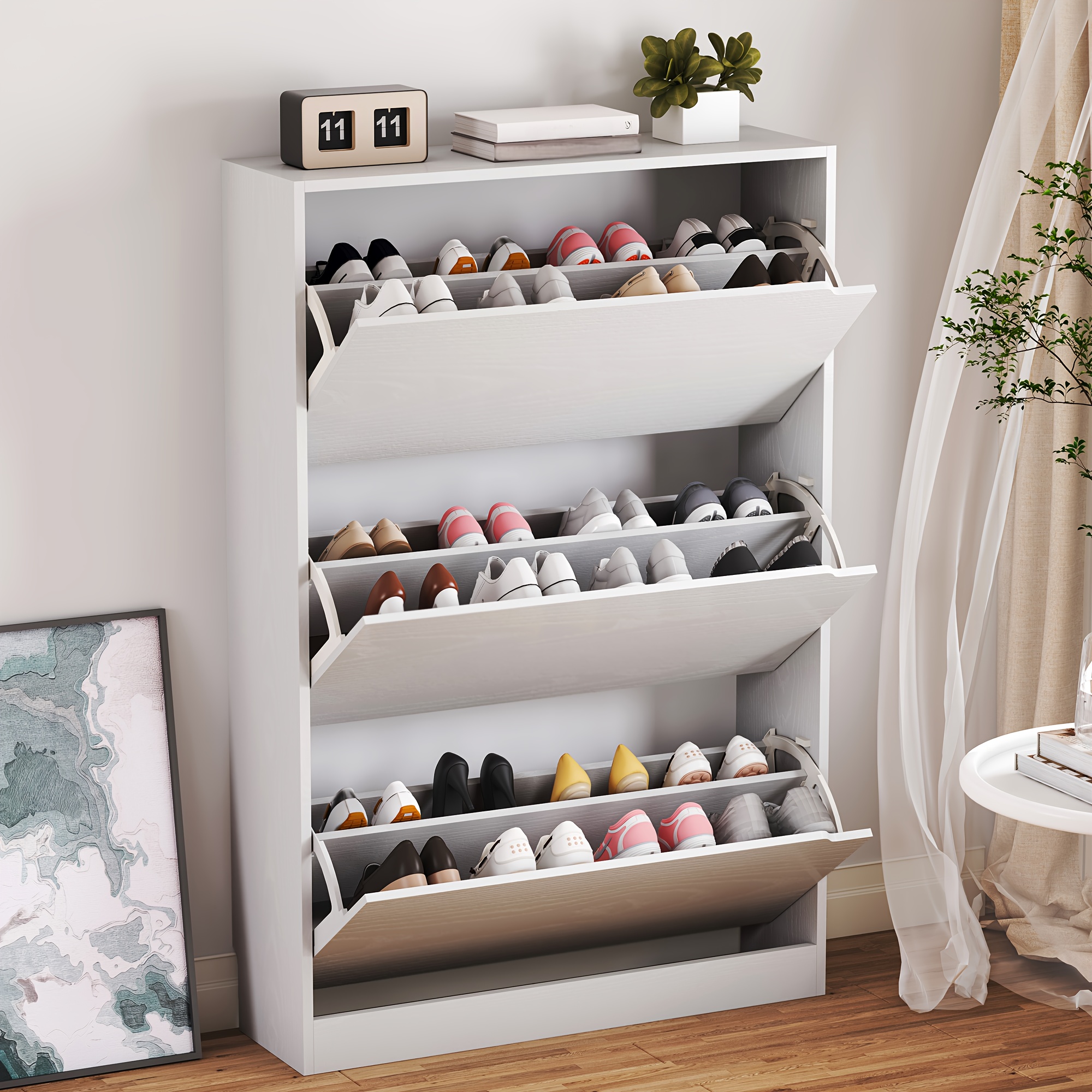 

White Narrow Shoe Storage Cabinet With 3 Flip Drawers Hidden Shoe Cabinet Large Capacity Hallway And Small Apartment