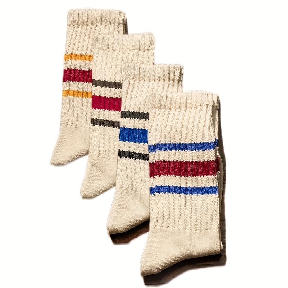TEMU Vintage3 Vintage Socks 4 Pairs Unisex Mid-calf Slouch Socks, Thick Knit Sports Striped Long Socks