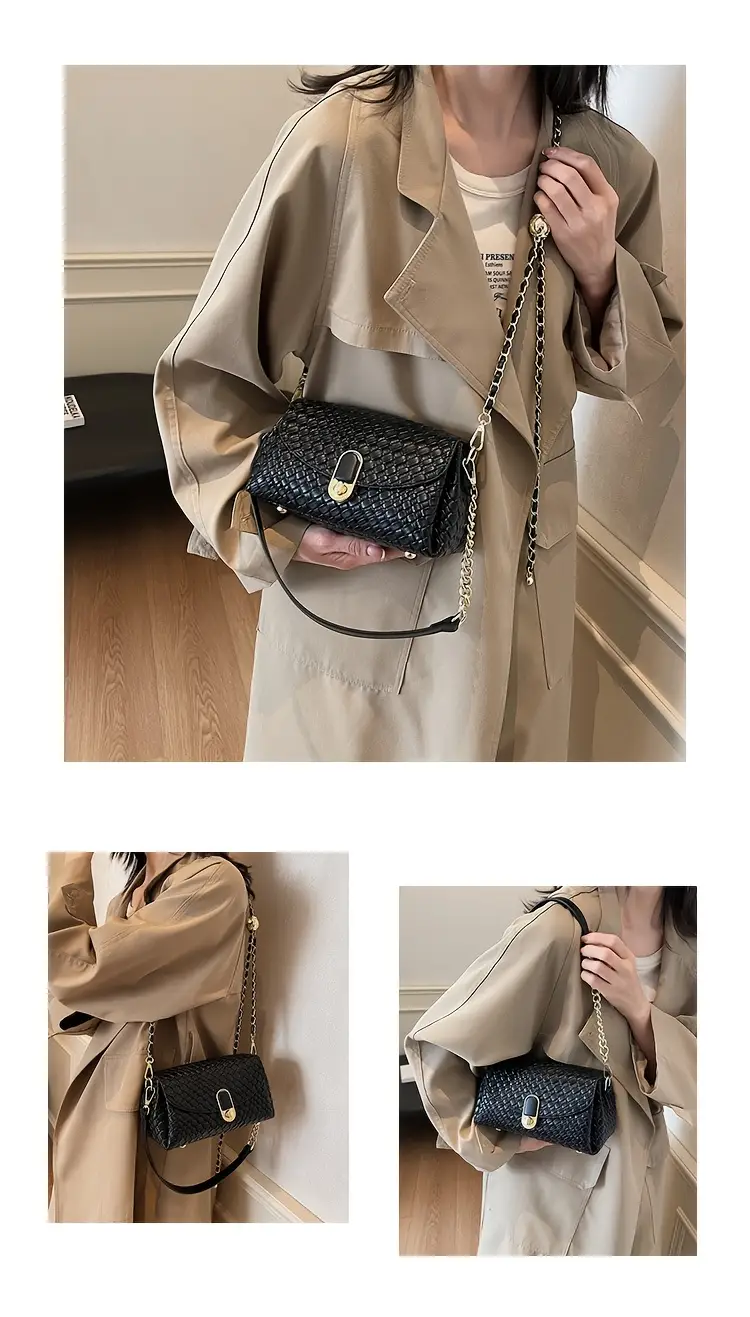 chic black woven crossbody bag for women versatile shoulder bag with detachable strap zip closure hardware casual or formal outfits Product details 5