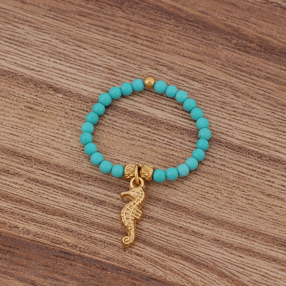 Ocean Style Beaded Ring - Adjustable Turquoise Stone Ring with Charms