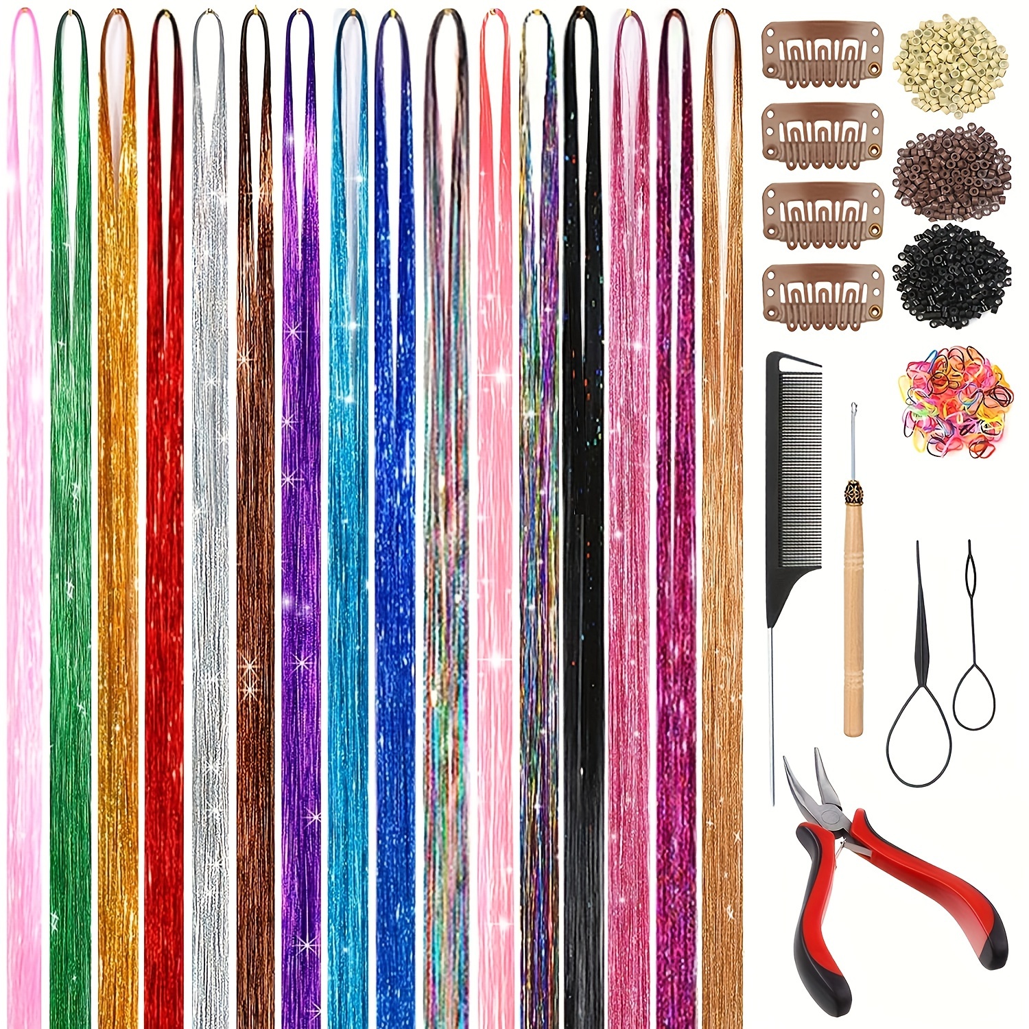 

16 Color Glitter Hair Tinsel Extensions Kit, 43 Inch, Heat Resistant, Fairy Hair Accessories For Women, Girls, Kids, With Tools, Suitable For Music Festivals, Halloween, Christmas - Unisex