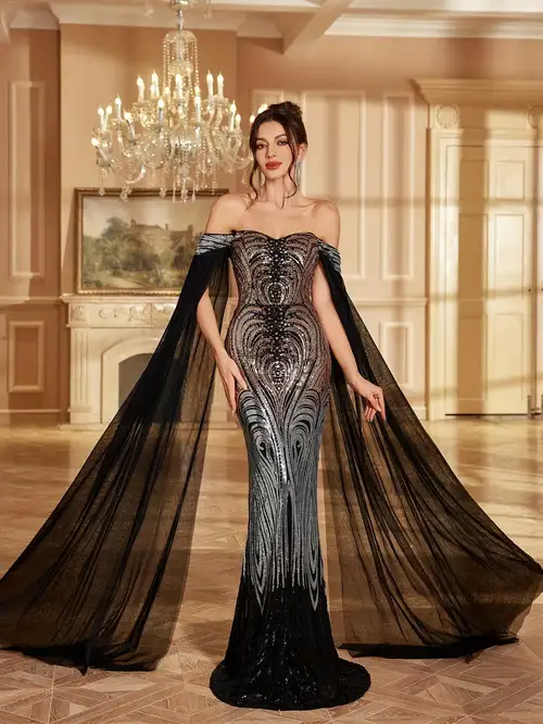 Black Gradient Placement Floral Off-Shoulder Flared Fishtail Sequin Elegant Evening Gown Long Dress Bodycon Strappy Women'S Black Gradient Placement Floral Off-Shoulder Flared Fishtail Sequin Elegant Evening Gown Long Dress Bodycon Strappy Women'S