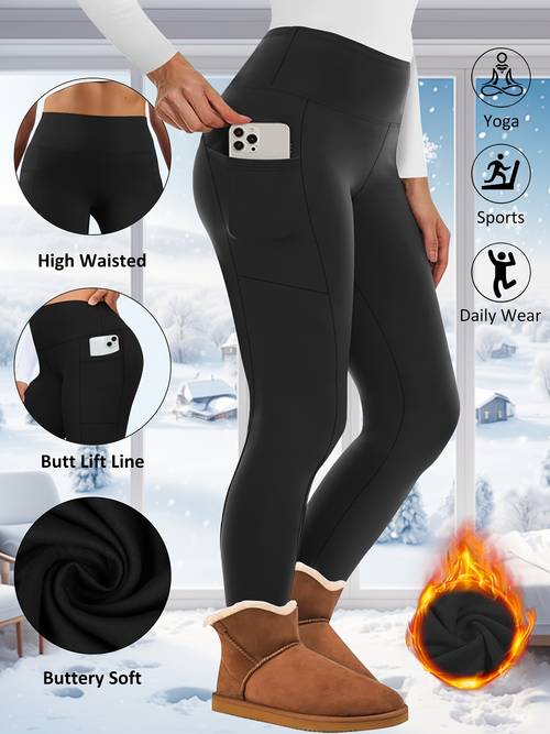 plus size autumn and winter fleece lined 9 point high waisted leggings with side pockets