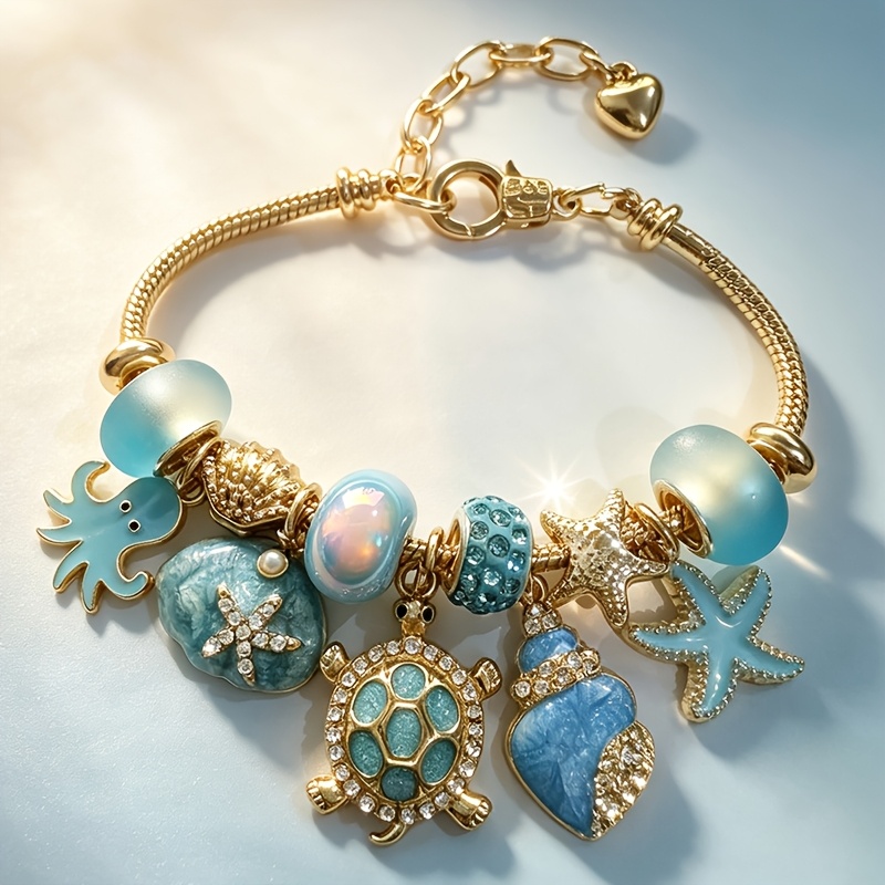 TEMU Ocean Breeze Blue Animal Bead Bracelet, Sea Turtle/starfish/octopus/shell Pendant Golden Adjustable Snake Bone Bracelet, Beach Vacation, Summer