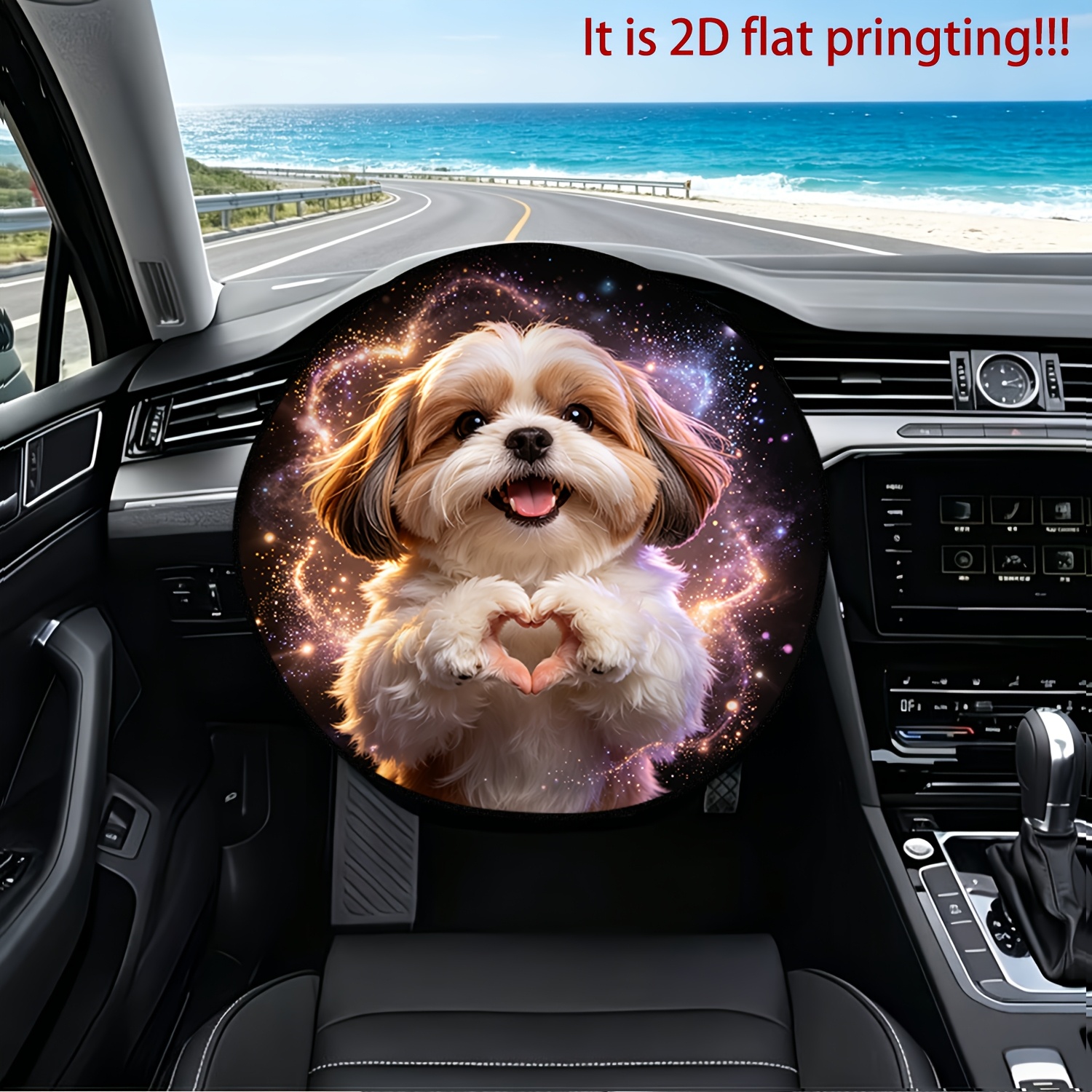 TEMU 1 pièce Housse de volant avec imprimé chien Shih Tzu, cœur et galaxie, garde au et protégée, offre une isolation thermique, une pare-soleil et