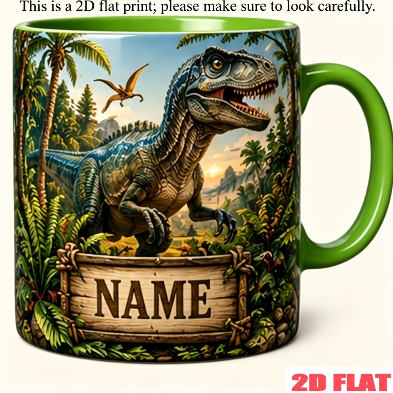 TEMU 2d Printed Custom Jurassic Dinosaur Enthusiast Mug, Ceramic Coffee Cup, 11oz, Personalized Name/text Customization, Microwave Safe, Available,