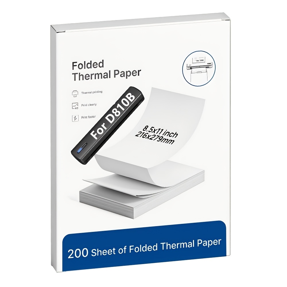 TEMU 200 feuilles de papier thermique plié de 8,5 x 11 pouces, format US Letter, adapté aux imprimantes thermiques portables D810B, résistant au