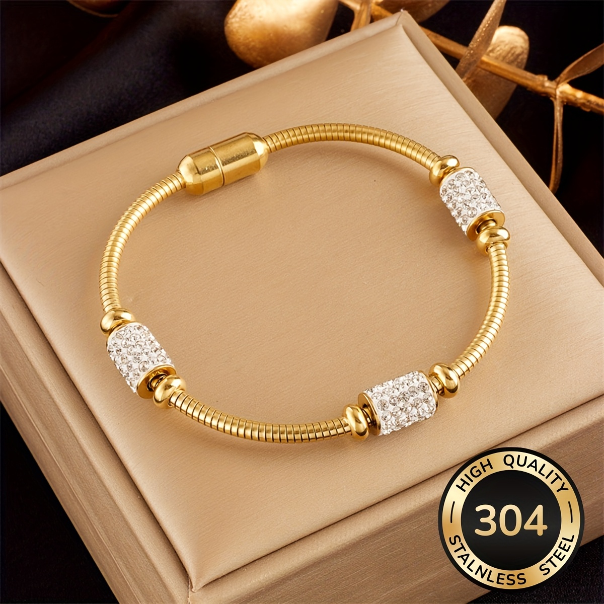 Image of 304 Stainless Steel Golden Bracelet Women Jewelry Inlaid With Rhinestones Sparkling Luxury Party Jewelry Birthday And Holiday Gifts