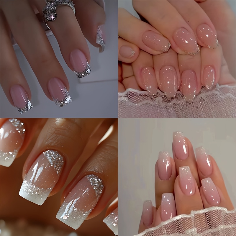 TEMU Luxury Glitter Gradient Press-on Nail Set - 96pcs Square, Ballet Press-on Nails Suitable For Spring Manicure And Party Makeup, Ideal Gift For Festivals And Parties.