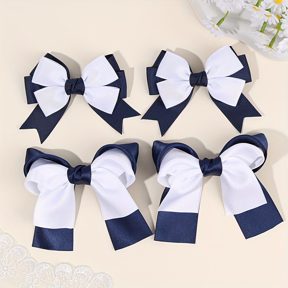 TEMU 4pcs Elegant Bow Hair Clips For Daily Wear & Back To School Navy Grosgrain Ribbon Bow Hair Accessories Sweet Hairpins For Fashion Styling & Back
