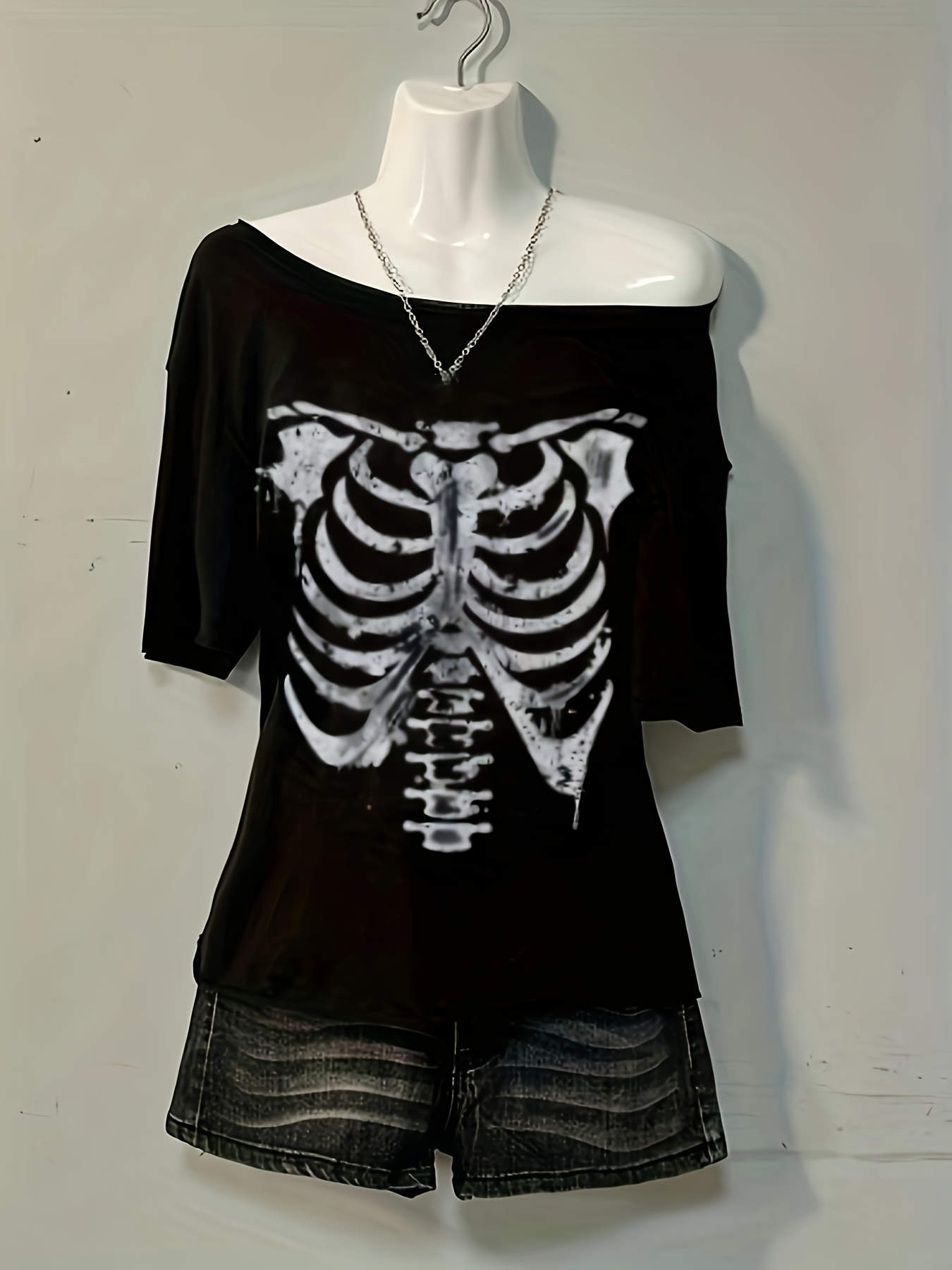 y2 shoulder skull print t shirt casual black - Temu