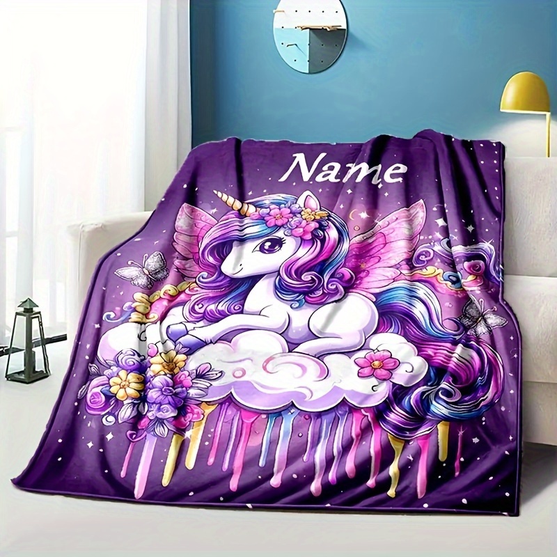 TEMU 1pc Customizable Cartoon Unicorn Print Flannel Blanket, Personalized Name, Soft Warm Lightweight Throw For Sofa, Bed, Travel, Camping, Living