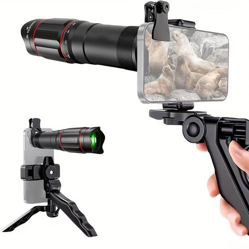 a universal clip on hd lens for smartphones compatible with iphone samsung and other smart devices featuring an angle lens a stereoscopic lens a 235 fisheye lens a color telescope starlight and a tripod