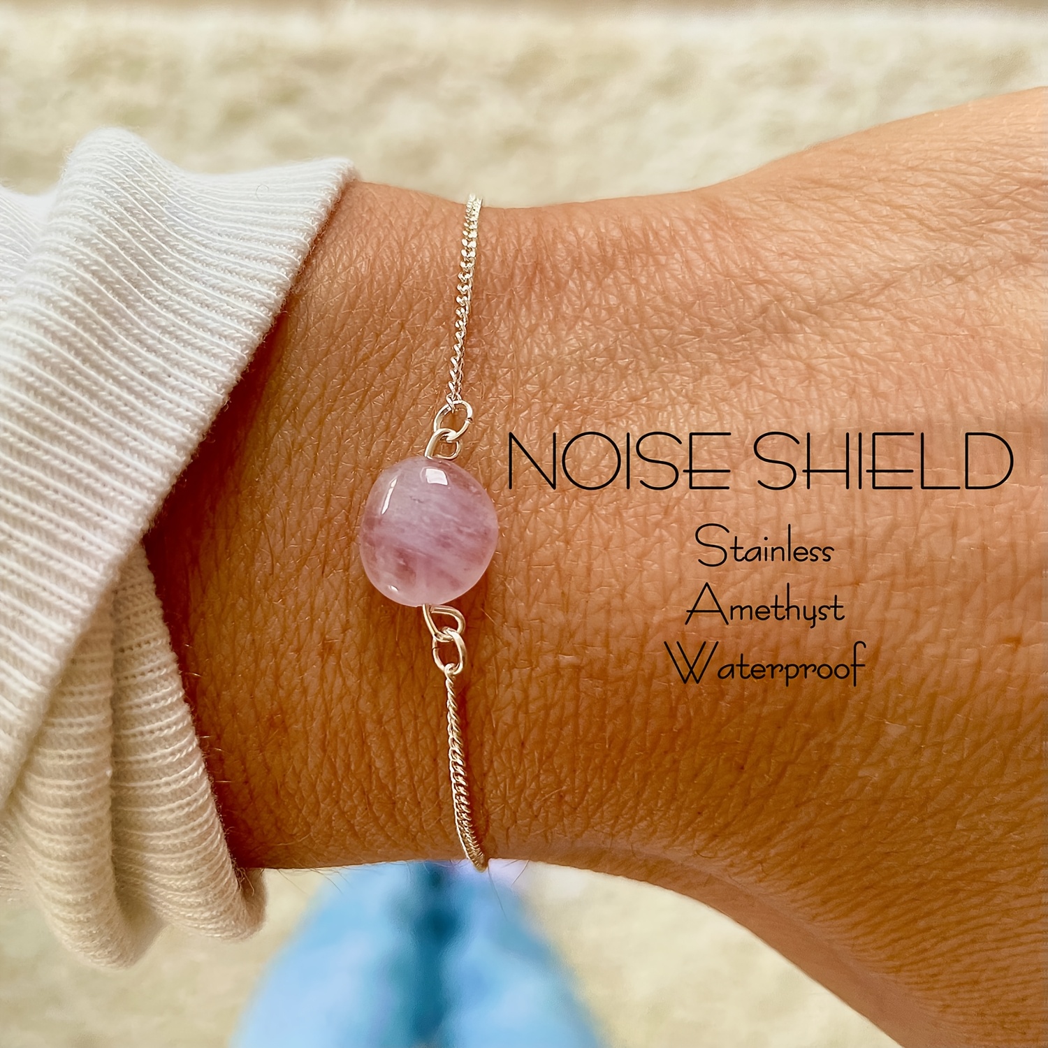 Amethyst Noise Shield Bracelet in Silvery Stainless Steel