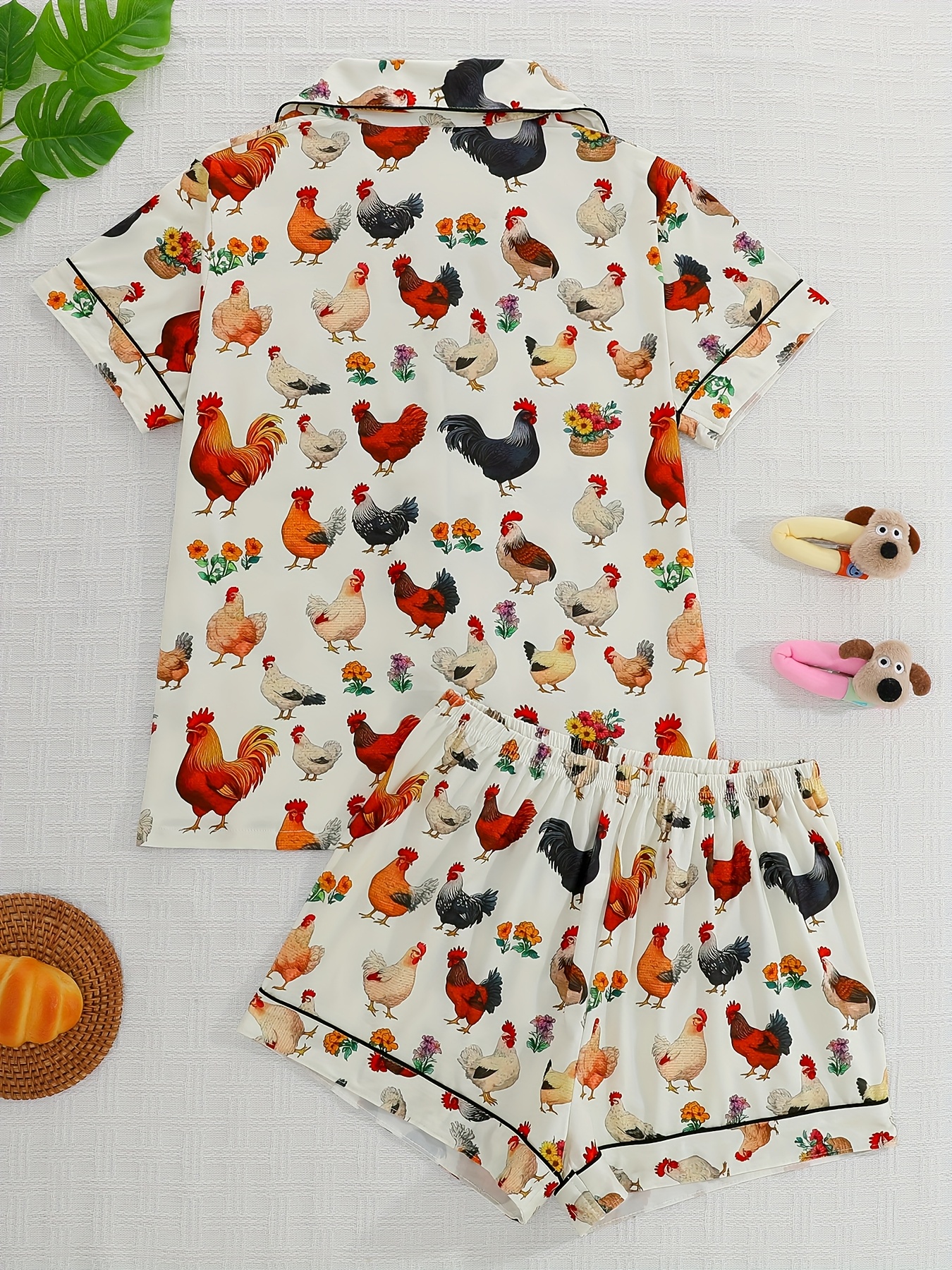 womens pajama set two piece featuring a   style chicken print comfortable outdoor and   with a collared button a comfortable short sleeve top and loose elastic shorts suitable for summer suitable for   Product details 1