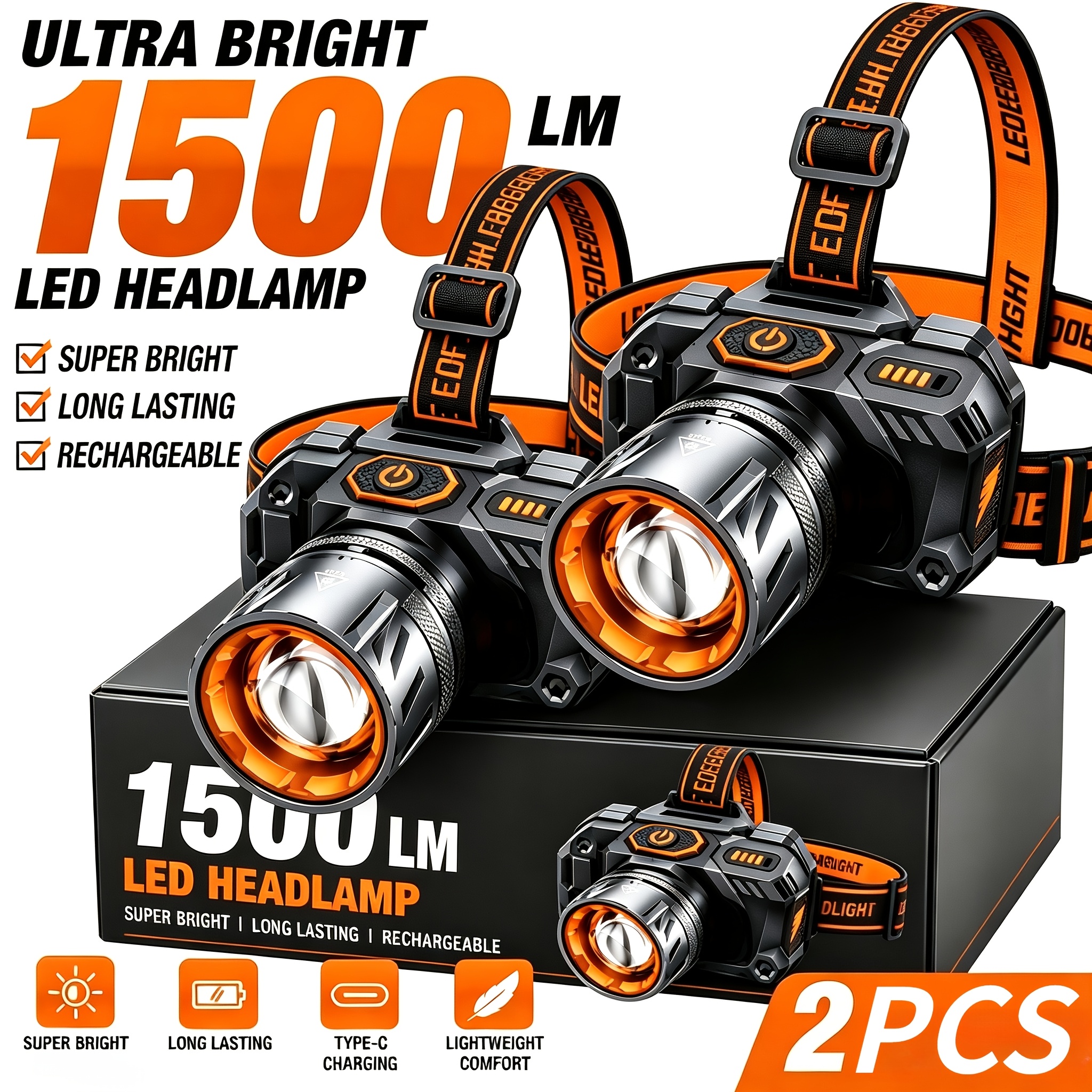 TEMU Free, A Total Of 2pcs Usb Charging Portable Headlights. 3 Brightness , Wide-angle Lighting, Large Capacity Battery, Suitable For Fishing,