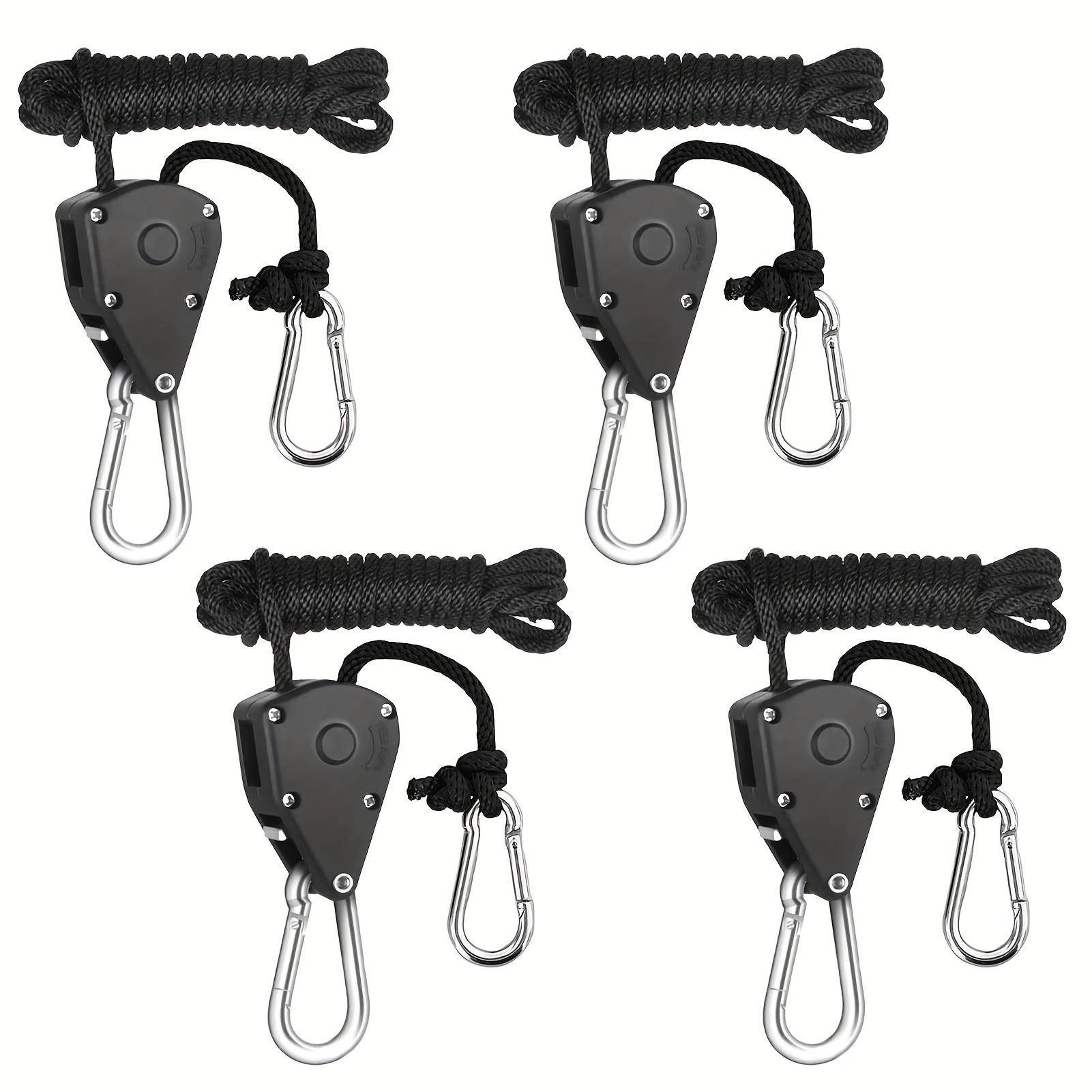 

4pcs Pulley Ratchet Heavy Duty Rope Clamps, 1/8" Lifting Lanyard Built-in Metal Pulley, 150 Lb Load, Plant Tent Light Accessories Lanyard