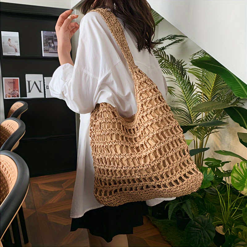 

Bohemian Style Woven Tote Bag, Large Capacity Hollow Out Mesh Shoulder Bag, French Style Casual Fabric Beach Shopping Bag