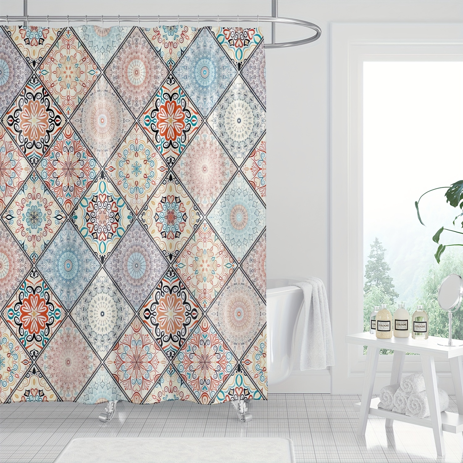 

1pc Vintage Patchwork Pattern Shower, Waterproof Bathroom Partition With Hooks, Bathroom Accessories, Home Decor