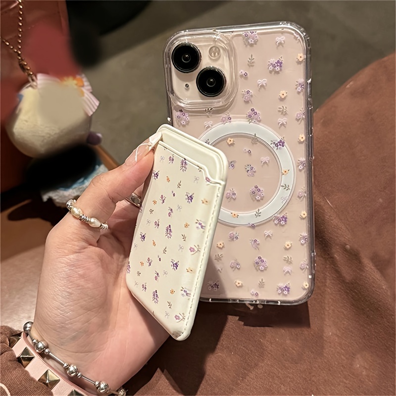 

Floral Bow Design Magnetic Phone Case With Card Holder, Tpu Material - Purple Flower Pattern Clear Protective Cover