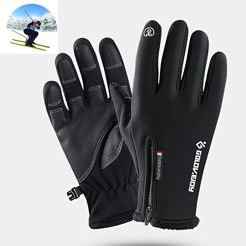 

1pair Warm Waterproof Windproof Gloves With Touch Screen Fingers And Fleece Zipper Cover For Motorcycle, Skiing, And Winter Outdoor Activities