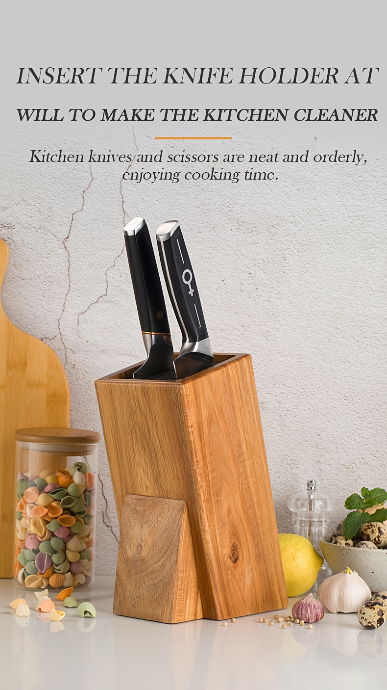 universal knife block without knives acacia wood knife holder knife organizer with removable plastic bristles details 1