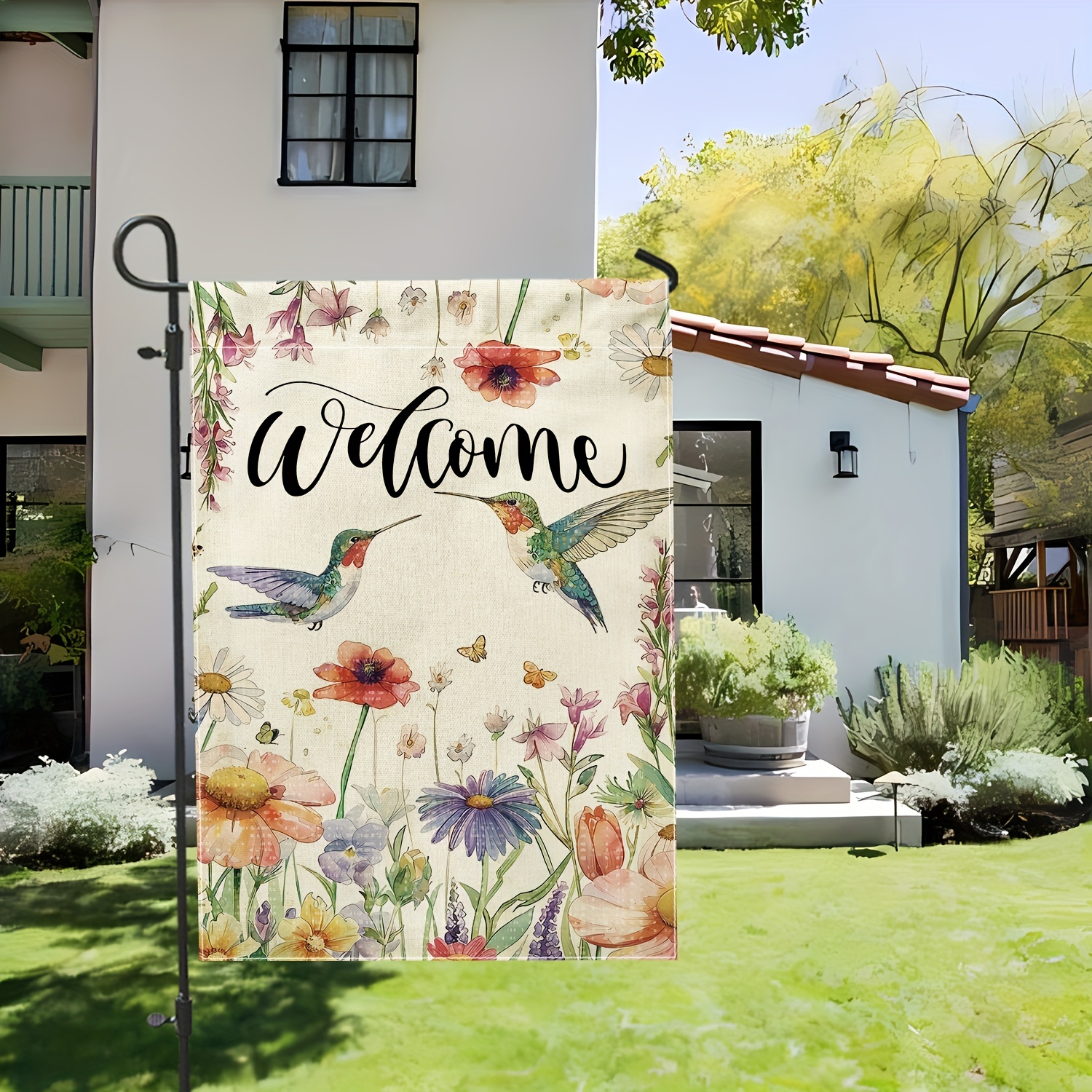 

1pc Polyester Welcome Garden Flag - Double Sided Spring Summer Bird Floral Design, Durable Linen Texture Outdoor Flag 12x18 Inches For Home Patio Garden Decoration Without Electricity