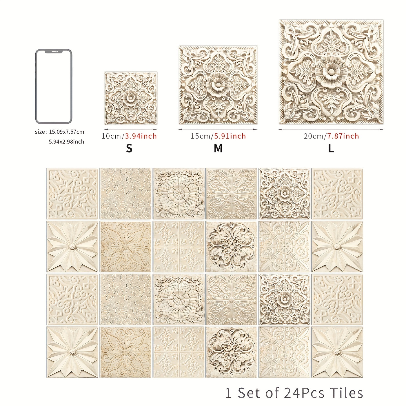 24pcs/set, European Retro Creative Self-adhesive Patterned Tile Stickers, Embossed Light Yellow Simulated Wall Stickers, Kitchen Oil-proof And Waterproof