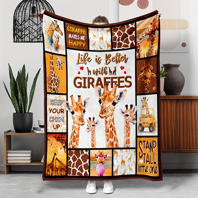 

Giraffe Print Flannel Throw Blanket - Orange, 100% Polyester, All Season, Tear-resistant, Knitted, , Style Animal Theme Throw For Sofa, Nap, Travel - Gift Ready