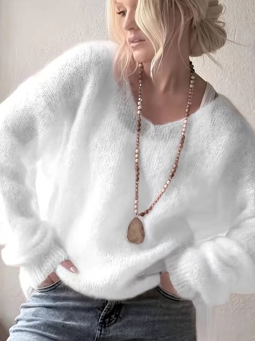 womens french style deep v neck sweater lazy hollow out soft and semi sheer solid color loose fit versatile top