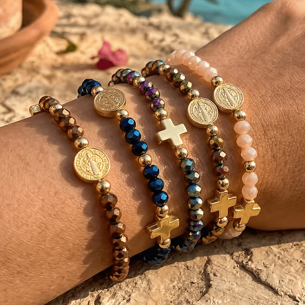 TEMU 5pcs Bohemian Fashion Elegant Cross Element Women's Beaded Stackable Bracelet, Suitable For Daily Wear And Travel Holidays