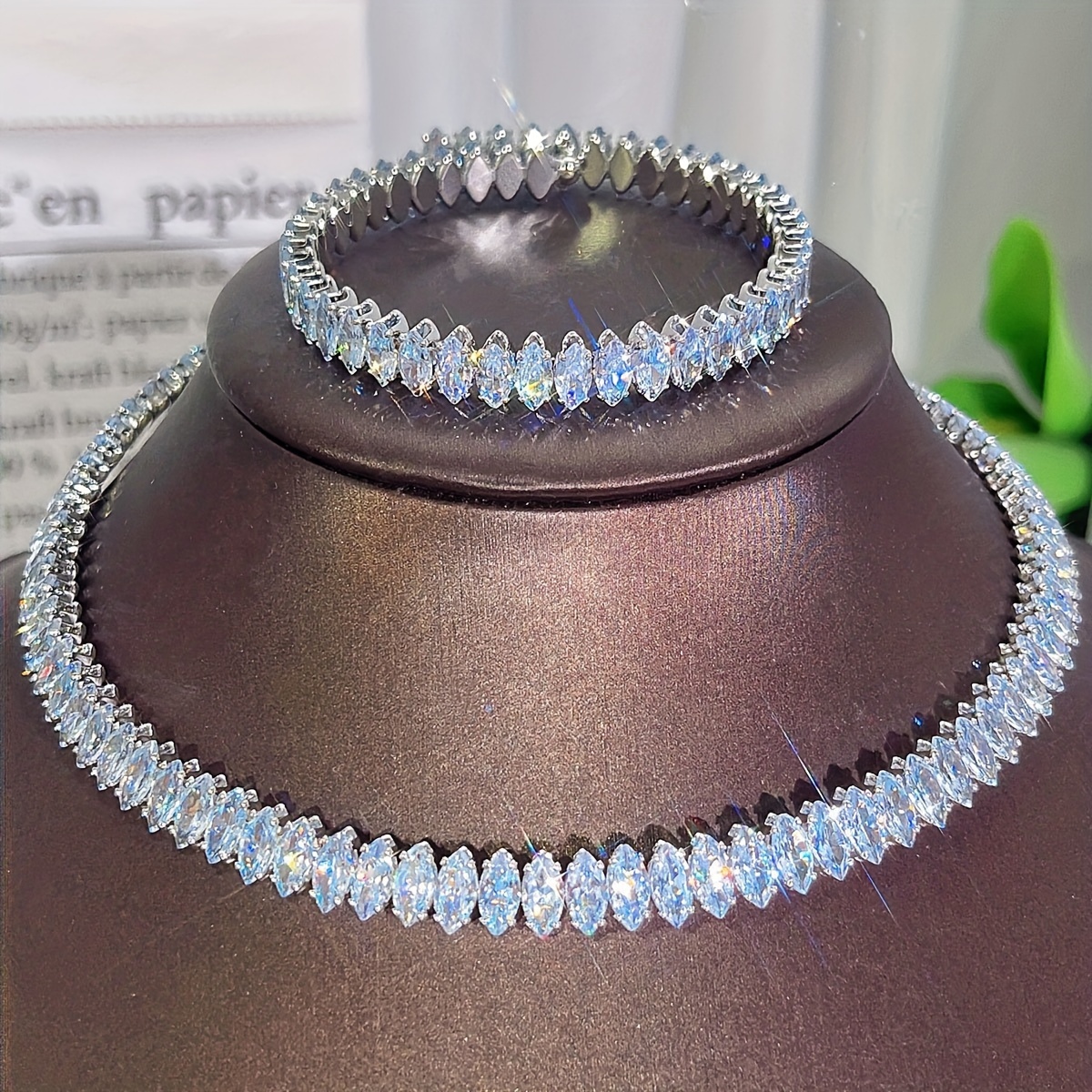 Image of 2pcs Classic Fashion Choker Necklace Bangle Set Sparkling Marquise Cut Synthetic Zirconia Golden Jewelry For Women Banquet Party Wear
