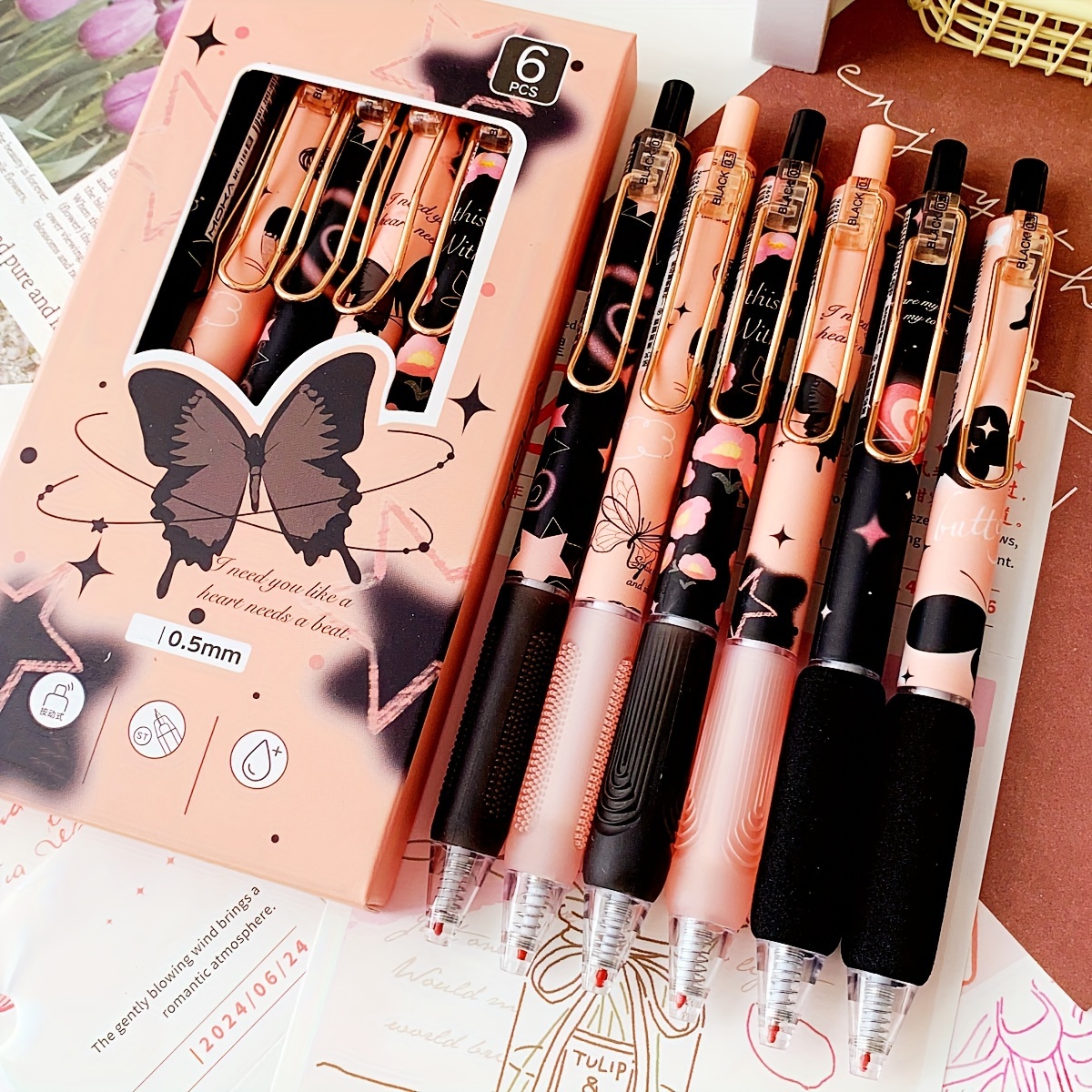 A Set Of 6 Stylish Black Gel Pens With A Design, Perfect For Students And Office Use, Featuring A 0.5mm Black Ink