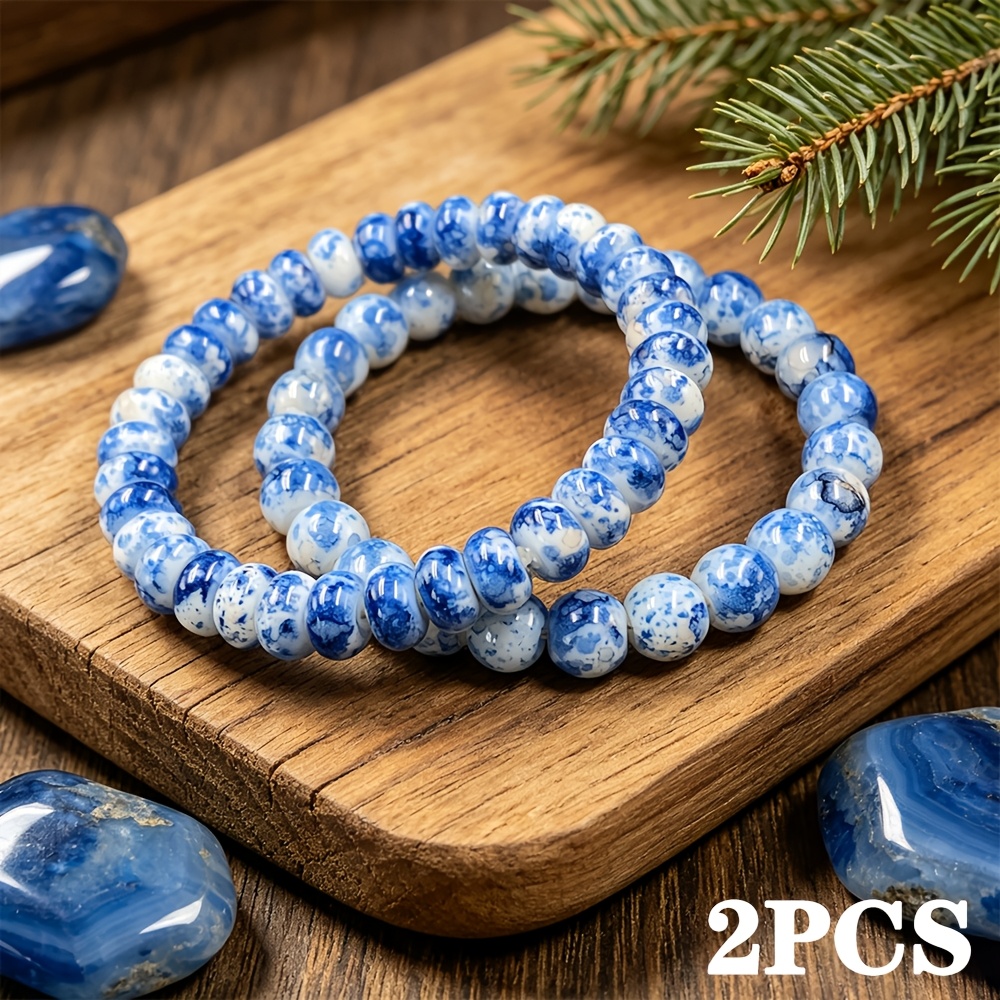 TEMU Set braccialetti con perline di vetro in stile porcellana blu e - Gioielli boh矇mien elasticizzati con perline , adatti per uso , feste, regali,