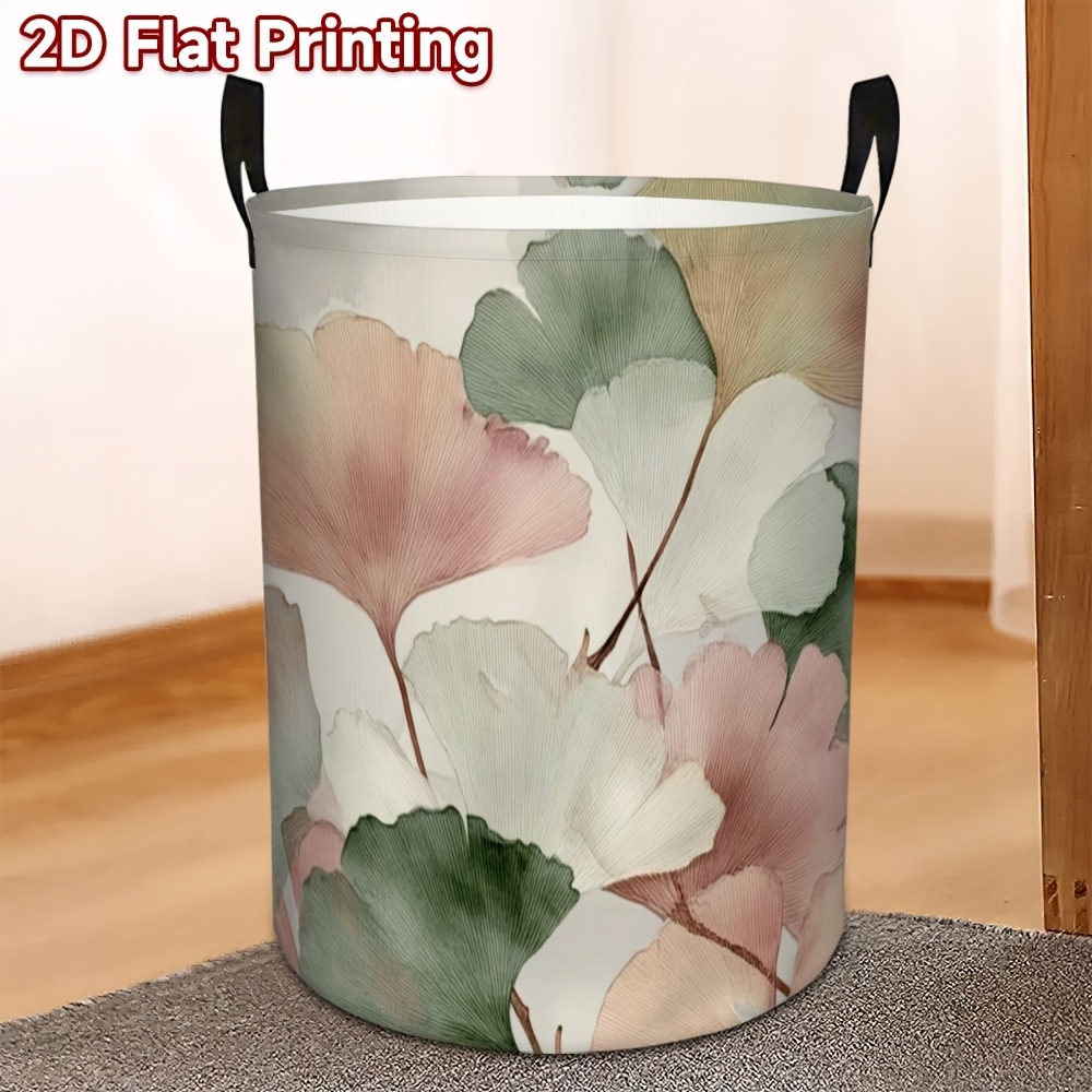 TEMU 1pc Pastel Silver Ginkgo Leaf Laundry Basket - Beige/green/pink/white Round Clothes Storage Basket, With Sturdy Black Handle, Foldable Portable