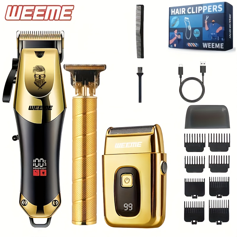 

Weeme Kit 3pcs Set, Golden Hair Clippers With Lcd Display, Usb Rechargeable, 8 Guide Combs, Trimmer And Shaver, With Cleaning Brushes And Comb, Gift For Men,, For ,, For Dad