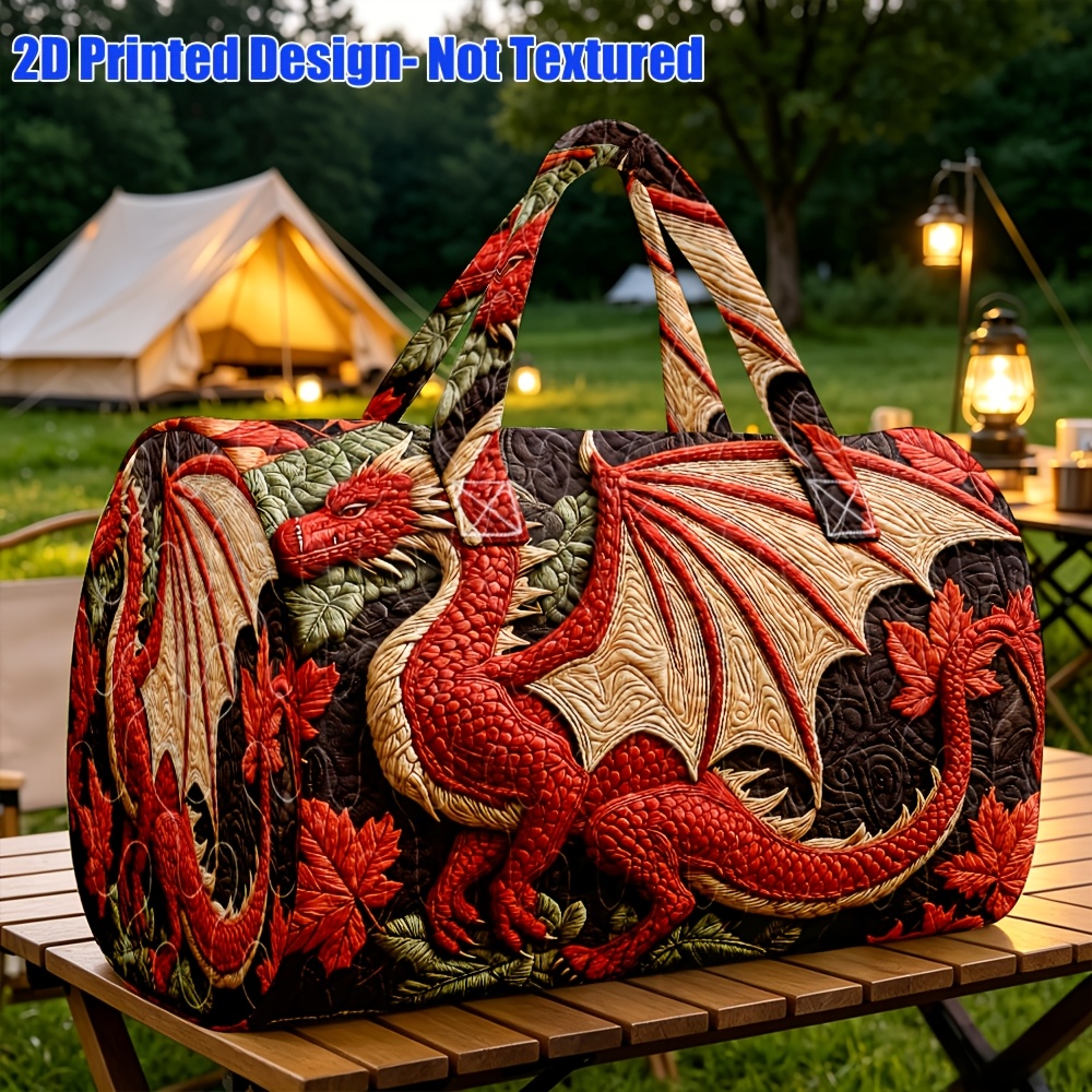TEMU Printed Design – Not Textured 1pc Fantasy Style Quilted Cylinder Tote Bag, Dark Base With Dragon And Maple Leaf Pattern, Suitable For Women,