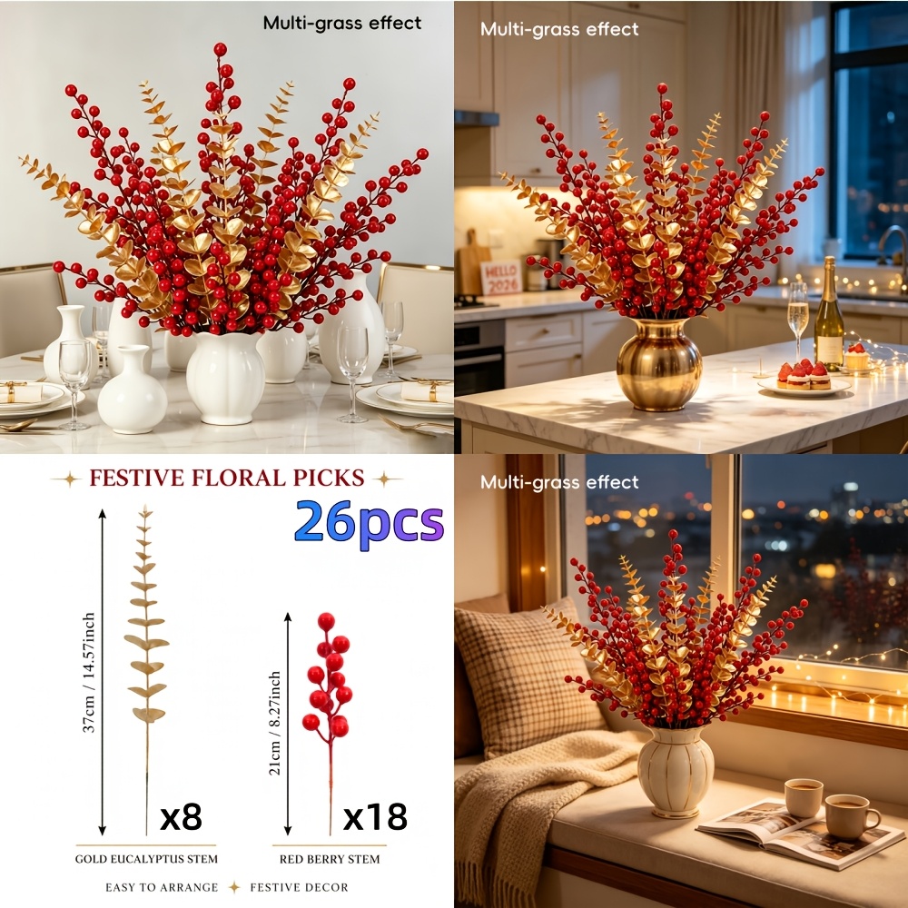 TEMU 26pcs Christmas Red Berries And Golden Eucalyptus Leaves Artificial Bouquet Faux Flowers Holiday Fake Flowers Decor Ornaments Suitable For