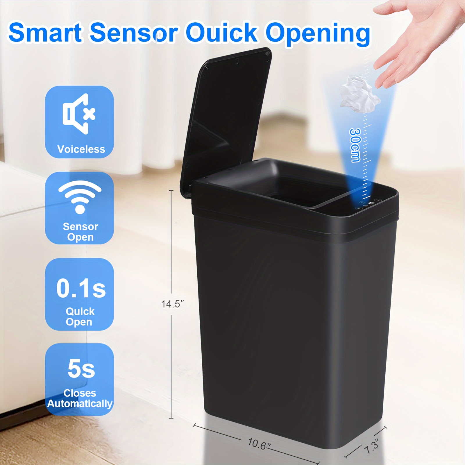 

4 Gallon Bathroom Automatic Trash Can Touchless Motion Sensor Small With Lid Smart Plastic Narrow Garbage Bin For Living Room Bedroom Office Kitchen (black)