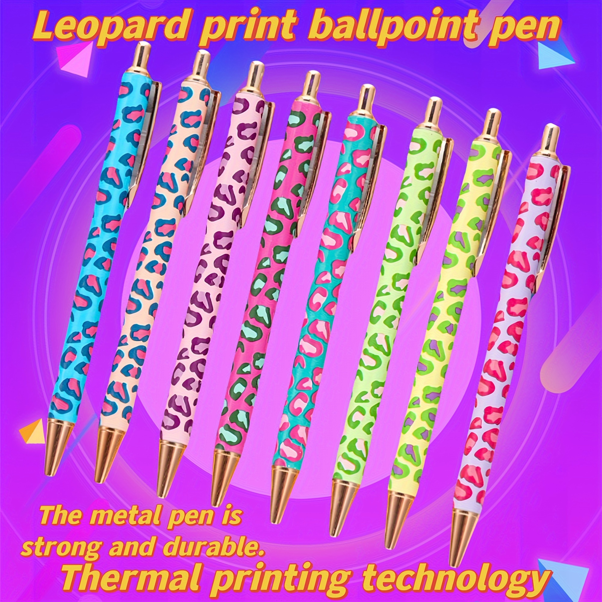 

8-piece Leopard Print Ballpoint Pens - Retractable, Medium Point, Metal Body - Creative Cartoon Designs For School & Office Use