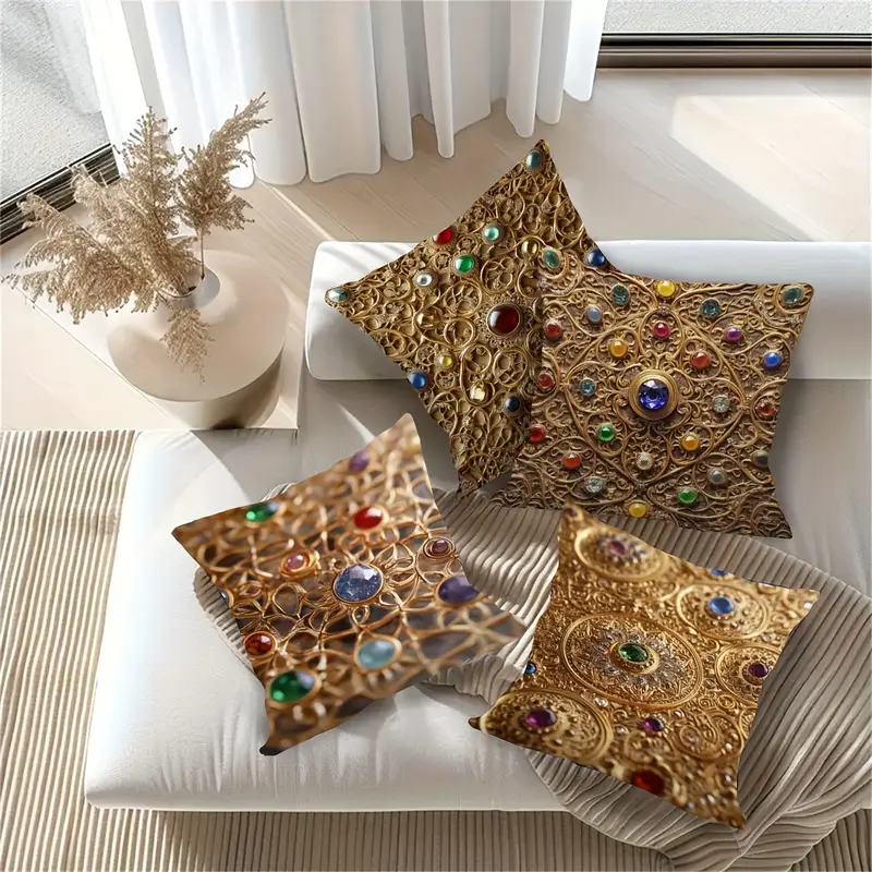 4pcs persian gemstone polyester pillow covers high quality 2 sided print no tassels or embroidery hidden zipper soft durable for living room couch or bedroom decor couch decor elegant pillow covers smooth texture Product details 3