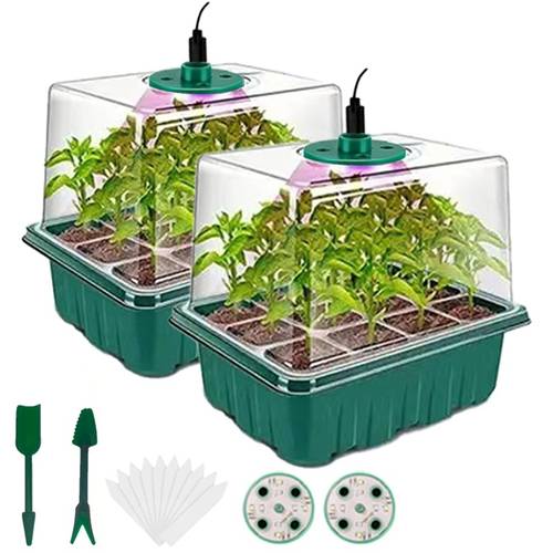 Seed Starter Disc with Growth Lamp, 2 Sets of Seed Germination Kits, with Adjustable Humidity Dome, Seedling Starter Disc with Heightening Lid, 8 Full Spectrum LED Bulbs for Indoor Plants, Mini Greenhouse for Seed Germination