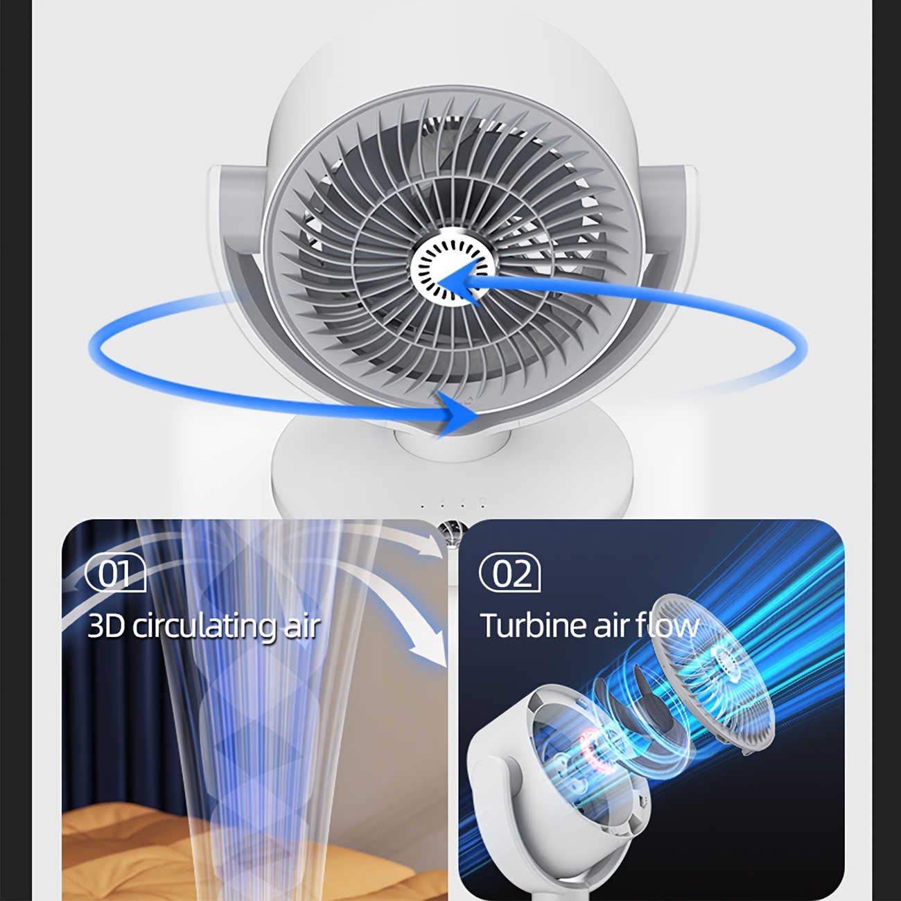 Air Circulating Fan, Strong Wind And Low Noise, USB Charging, Oscillating Left And Right, 90° Elevation Angle Blowing, Adjustable Wind Speed, Suitable for Camping, Home, Bedroom, Office, Dormitory And Other Places
