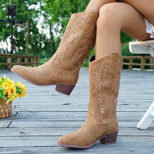 nuove da donna, design vintage ricamato, stile western a metà polpaccio, elegante slip-on, regalo personalizzato per donne, adatti per festival musicali, carnevale, , di , scarpe da donna