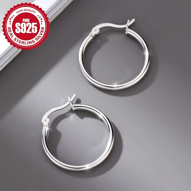 

S925 Silver Women's Temperament Simple Plain Circle Fashion Earrings 2.3g Hypoallergenic Pair Pack Daily Versatile
